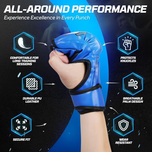 Flexzion MMA Gloves Fingerless Boxing Gloves for Men Women and Teen Youth, UFC Grappling Krav MAGA Kickboxing Gloves for Training Punching Bag Muay Thai Hitting Mitts Cutoff Martial Art Gloves - color: Blue