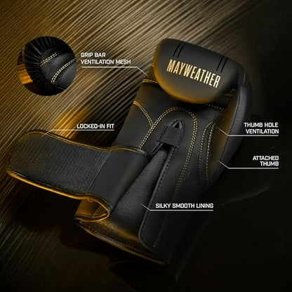Hayabusa Mayweather Contender Boxing Gloves Kit for Men and Women - color: Black/Gold, size: 14oz