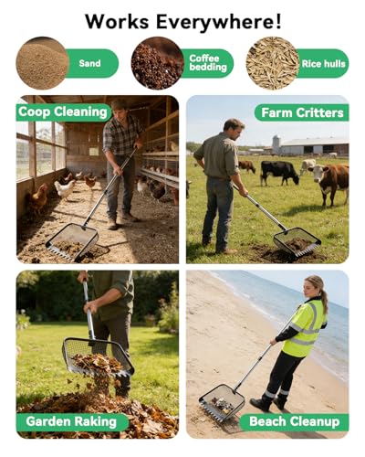 Stainless Steel Chicken Coop Scoop, 12-Inch Sifter Litter Scoop with Adjustable Handle, Heavy Duty Poop Scooper for Farm Animal Manure Cleaning, Backyard Poultry, Rabbit