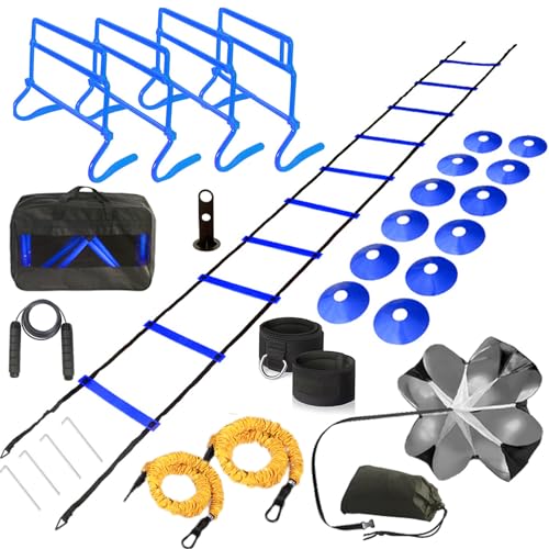 Adjustable Speed Training Hurdles Fitness & Speed Training Equipment with Agility Ladder - Plyometric Fitness & Speed Training – Hurdle/Obstacles for Soccer, Football, Track & Field - color: Blue
