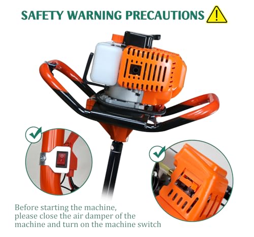 62cc Post Hole Digger, Gas Powered Post Hole Digger, Earth Auger Digger with 3 Drill Bit 3" & 5" & 8" and 3 Extension Rods 24" 24" 24" for Planting Fence Farmland Garden & Plant, 1400W - size: 62cc