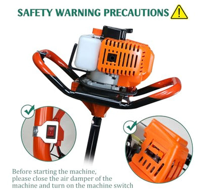 62cc Post Hole Digger, Gas Powered Post Hole Digger, Earth Auger Digger with 3 Drill Bit 3" & 5" & 8" and 3 Extension Rods 24" 24" 24" for Planting Fence Farmland Garden & Plant, 1400W - size: 62cc