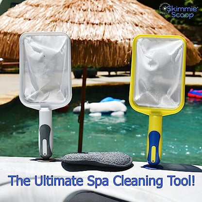 Scoop - Patented Handheld Skimmer with Fine Mesh Net for Spa, Hot Tub, Cold Plunge and Small Pool Cleaning - Lightweight and Durable with Powerful Suction Cup - Clean Out Filter (Yellow)