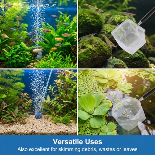 2 Pcs Aquarium Net, Stainless Steel Fish Nets for Aquarium Tiny Fish Tank Net with Extendable Stainless Steel Handle Round Aquarium Fine Mesh for Shrimp Baby Fish Food Residue Debris Skimming