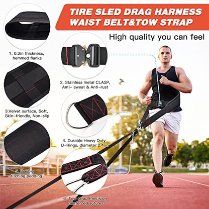 ATENTO Sled Pulling Belt, Adjustable Closure Sled Training Waist Belt,Weight Sled Pull Belt for Tire or Sled Pulling, Squat,Leg Muscles Strength Training, Agility, Resistance Training, Core Power Workout, Belt for Pulling with 2 Pulling Straps & 4 Hooks I