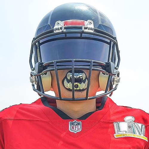 LeCool Football Mouth Guard with Connected Strap- 3D Beast Chrome Adult and Youth Mouth Guard-Mouth Piece for Sports for Maximum Air Flow and Teeth Protection - color: Black-silver