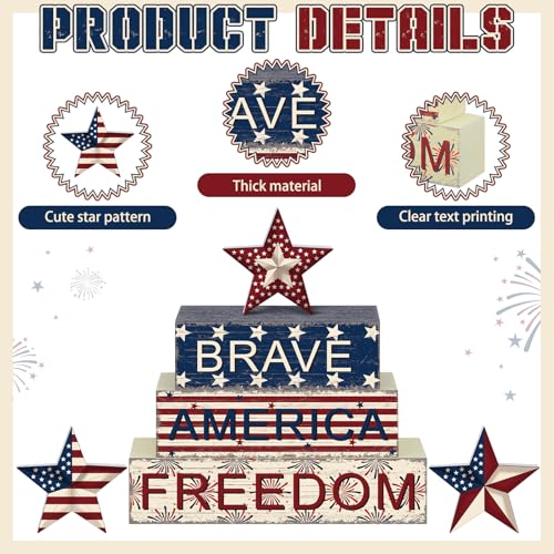 6 Pieces 4th of July Table Decorations Patriotic Wooden Block Signs Patriotic Centerpieces Freedom Brave Red White Blue Tiered Tray Decor for Home 250th Anniversary - style: Star