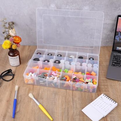 Molain 24 Grids Large Plastic Organizer Box, Clear Storage Box with Adjustable Dividers Container Craft Storage for Jewelry, Art DIY Crafts, Washi Tapes, Fishing Tackle, Beads and Small Parts