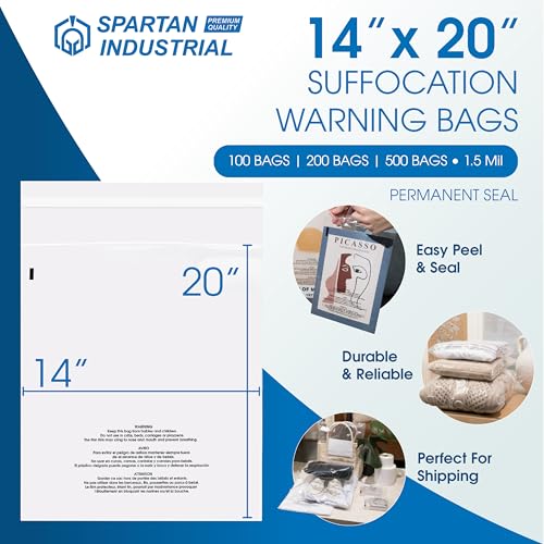 Spartan Industrial - 14" X 20" (500 Count) Self Seal Clear Poly Bags with Suffocation Warning for Packaging, Clothes - Permanent Adhesive - size: 14" x 20"