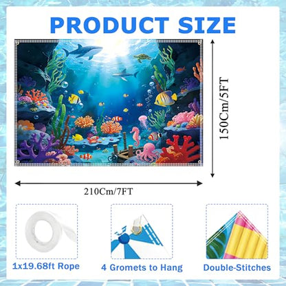 7x5Ft Under The Sea Backdrop Polyester Ocean Backdrop Under The Sea Themed Party Decorations Tropical Fish Dolphin Turtle Coral Deep Sea Sunlight Photo Booth Banner with Ribbon