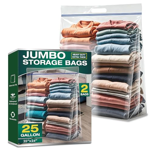 25 Gallon Large Storage Bags, 4 Mil Thick Clear Heavy Duty Plastic Bags with Zipper and Handles, 2 Pack 24"x35" for Clothing, Pillows, Moving and Travel - size: 2 Jumbo