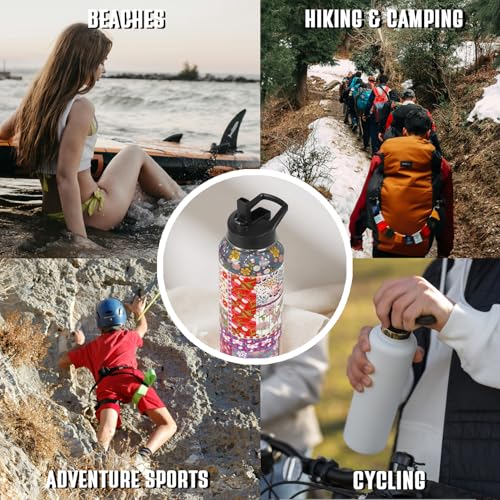 Pioneer Women Water Bottle with Straws Insulated Sports Bottle Boho Flower Travel Thermal Double Walled Vacuum Cup Leak Proof Stainless Steel Tumbler Mother's Day Gifts-32 oz - color: Red