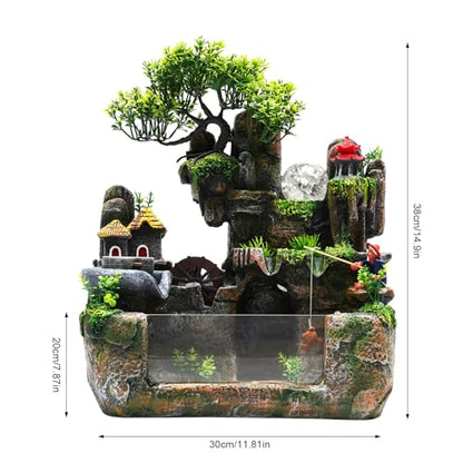 Waterfall Fountain, Desktop Fish Tank Fountain with Atomizer, Fisherman and Colorful LED Lights, for Living Room, Bedroom, Yoga Room, Office, Study, Meditation Room - size: D