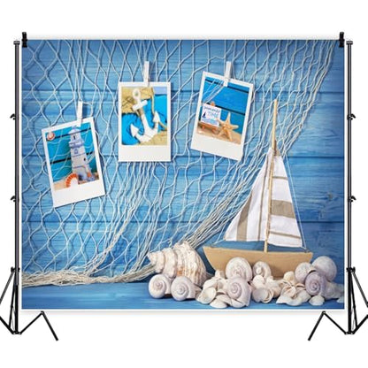 Blue Wooden Wall Nautical Backdrop Photography Sailing Adventure Rudder Seashell Sailing Wheel Helm Fishing Net Starfish Photo Backdrop Summer Nautical Party Baby Shower Birthday Background Decoration