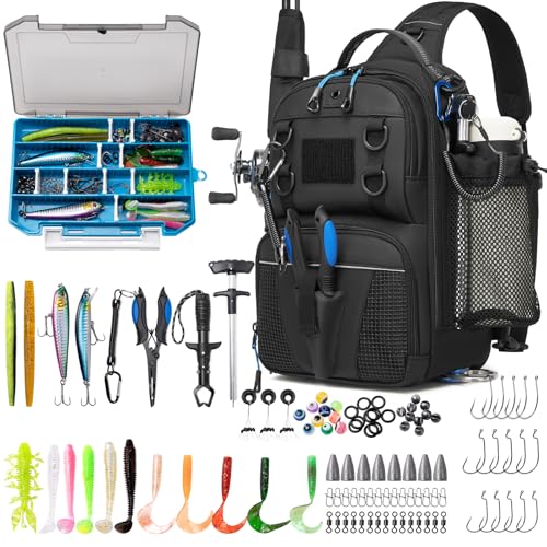 Fishing Bag with Tackle Boxes, Lightweight Fishing Sling Pack,Convertible Tackle Bag with Rod & Beverage Holder, Fishing Gear with Lures, Pliers, Lip Gripper, Fish Gifts for Men, Black