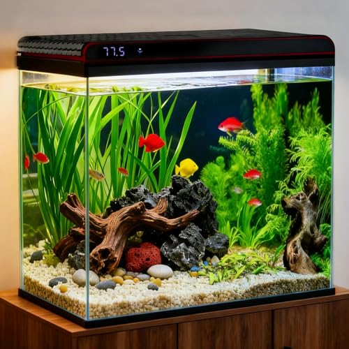Coospider 20 Gallon Glass Fish Tank, Aquarium Starter Kit, Simple Self-Cleaning Aquarium with 3-Color LED Lights, with Quiet Filter Pump, with Temperature Monitoring for Fish, Shrimp, Kids Gift Ideas - size: 20 Gallon-UP