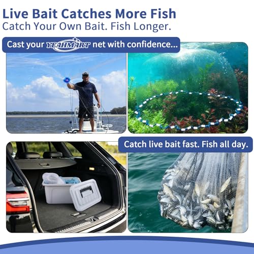 Yeahmart Handmade American Cast Net, 3ft-8ft Radius Casting Net for Saltwater & Freshwater, 3/8 Inch Mesh Monofilament Bait Trap Rust-Proof PVC Coated Sinkers, Easy Throw, Bucket & Repair Kit Included