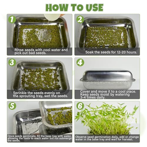 2 Pack Stainless Steel Seed Sprouter Trays, 2-Tier Soil-Free Microgreens Growing Kit, Rust-Free Sprouting Tray with Mesh Pads for Sprouts Beans Alfalfa Wheatgrass (10.6" x 7.9" x 1.9")