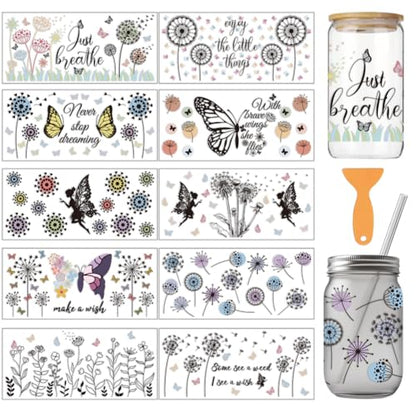 arricraft 10 Pcs Dandelion Theme Cup Printing UV Transfer Papers, 10 Styles Bohemian Flowers Fairy Butterfly PVC DIY Heat Transfer Stickers Inspirational Decal for 16 OZ Glass Cups Crafts 9.5x4.3inch - style: Dandelion Theme