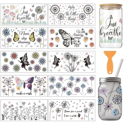 arricraft 10 Pcs Dandelion Theme Cup Printing UV Transfer Papers, 10 Styles Bohemian Flowers Fairy Butterfly PVC DIY Heat Transfer Stickers Inspirational Decal for 16 OZ Glass Cups Crafts 9.5x4.3inch - style: Dandelion Theme