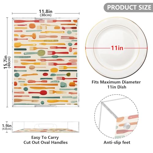 Acrylic Tray Clear Serving Vanity Ottoman Bathroom Coffee Table Countertop Organizer Raised Edge Spill Proof Cartoon Knives Forks Spoons - color: Cartoon Knives Forks Spoons