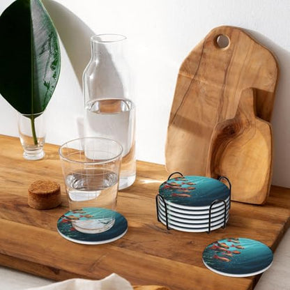Coasters for Drinks Set of 6 Absorbent Ceramic Drinks Coasters with Holder Cup Mat Pad Fish Aquarium Decorative Coffee Cup Beverage Coasters for Tabletop Protection Home Decor