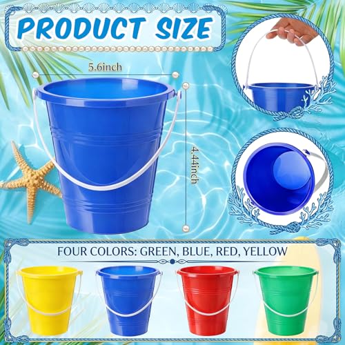 12 Pieces Beach Pails Sand Buckets for Boys and Girls Beach and Sand Toys at the Use for Molds at the Sandbox Summer Party Supplies, 4 Colors (7.5 Inch,Red,Yellow,Blue,Green)