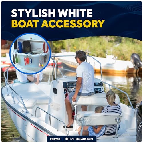 Five Oceans Boat Caddy Organizer, Suction Cups Mount, White ABS - Storage with Drainage, Knife, Plier & 26 Lure Holders for Boats, Pontoons, Fishing Boats, Kayaks - FO4786