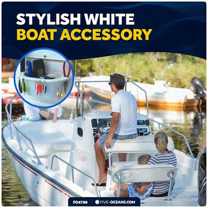 Five Oceans Boat Caddy Organizer, Suction Cups Mount, White ABS - Storage with Drainage, Knife, Plier & 26 Lure Holders for Boats, Pontoons, Fishing Boats, Kayaks - FO4786