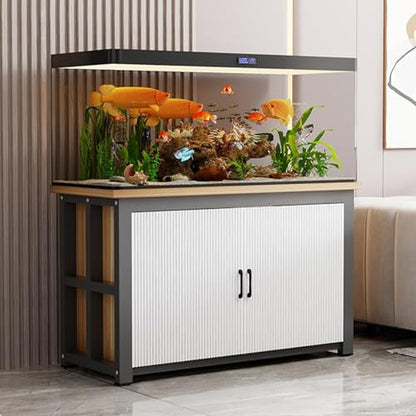 Aquarium Cabinet, Reptile Tank Stand With Storage , Steel Frame Structure, Heavy Load Capacity, For Home Living Room Office(Black+natural,65x45x70cm)
