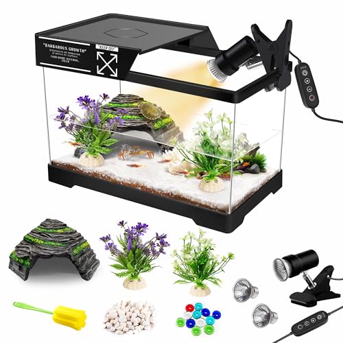 GOZILLA Mini Turtle Tank Kit with Adjustable Lamp, Upgrade PC Hermit Crab Tank, Small Turtle Starter Kit with Lid, Resin Hideout for Baby Turtles and Crabs (11.8×7.24×7.1''/Black Kit) - color: Black-HIll
