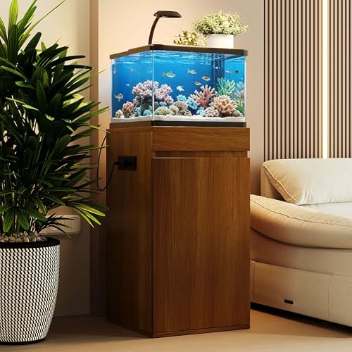 Fish Tank Stand with Storage Cabinet, Built in Power Outlet and Type C Port, Adjustable Shelf w/Hidden Handle, 330 LBS Capacity w/Brown MDF for Home, Office and Study