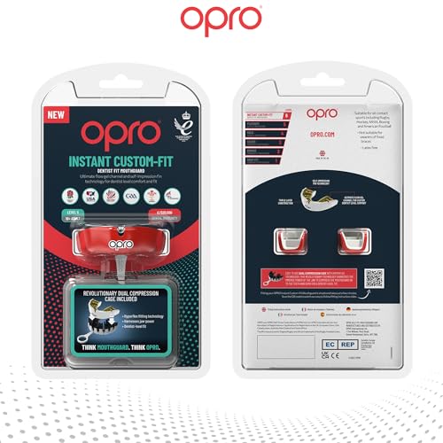 OPRO Instant Custom-Fit Mouthguard – Dentist Level Gum Shield Adult and Kids – OPRO Mouth Guard Boxing and MMA, Self-Fit Gum Shield Rugby – Maximum Protection with Dental Warranty (Red/White) - color: Red/White, size: Adult (10+)