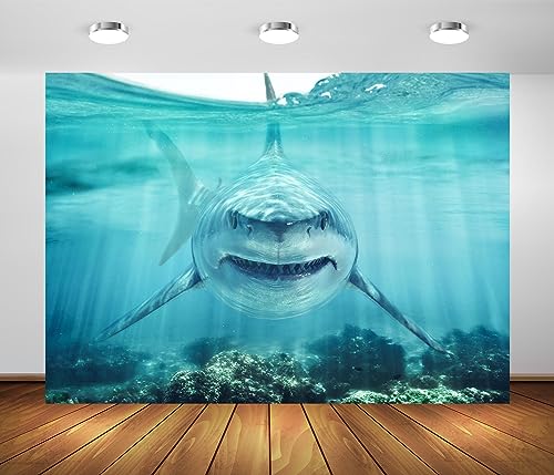 BELECO 8x6ft Fabric Shark Under The Sea Backdrop Underwater World Ocean Aquarium Background Shark Theme Party Decorations Banner Birthday Photoshoot Studio Props Wallpaper - size: 8x6FT