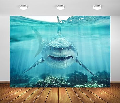 BELECO 7x5ft Fabric Shark Under The Sea Backdrop Underwater World Ocean Aquarium Background Shark Theme Party Decorations Banner Birthday Photoshoot Studio Props - size: 7x5FT