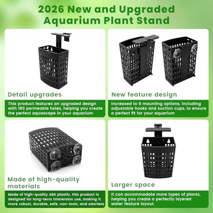 2 PCS Adjustable Aquarium Plant Holder, Fish Tank Plants Holder, Aquarium Plant Basket with Extendable Hook and Suction Cup for Fish Tank Aquaponic Cultivation