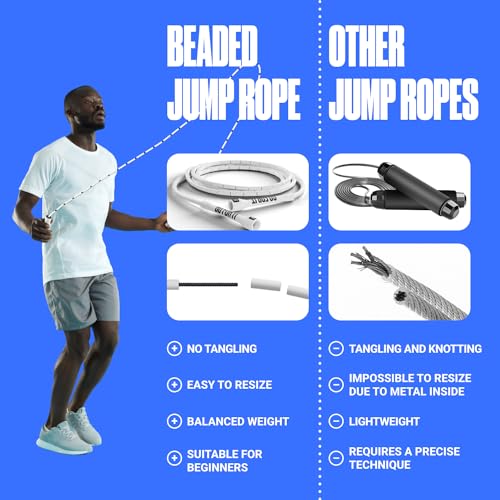 Sportbit Custom-Fit Beaded Jump Rope – Adjustable Length for Kids & Adults, Men & Women – Durable Fitness Rope for Gym & Home - color: White