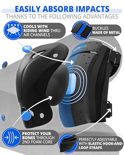 SKATEWIZ Kids and Adult Knee Pads and Elbow Pads Set 6pcs - incl. Carry Bag - color: Blue, size: M - Teenager Slim