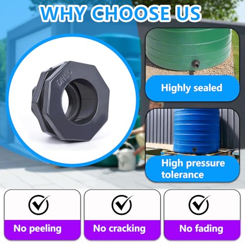 2 Pcs 2 Inch PVC Bulkhead Fitting (NPT Threads), Heavy-Duty Plumbing Water Tank Connector Kit with Reinforced Seals for Rain Barrels, Water Tanks, Aquariums, Tubs, Pools