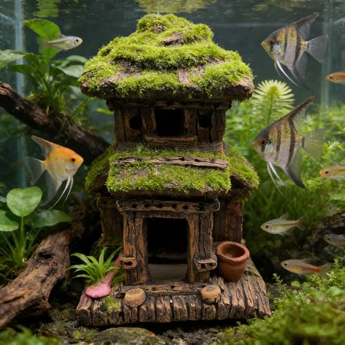 M2cbridge Aquarium Decorations Fish Hideout House Betta Cave with Green Lifelike Moss (Style 3) - style: Style 3