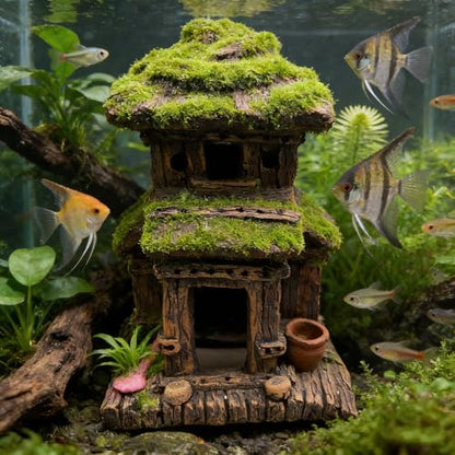 M2cbridge Aquarium Decorations Fish Hideout House Betta Cave with Green Lifelike Moss (Style 3) - style: Style 3