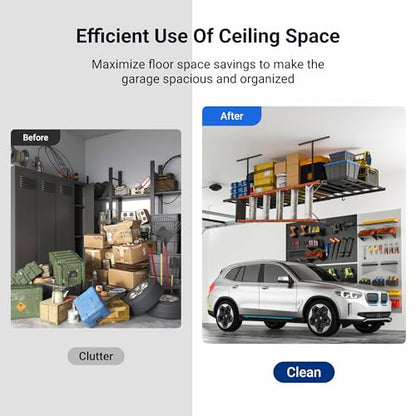 FLEXIMOUNTS 4x8 Overhead Garage Ceiling Storage Rack with 6 Hooks, Black | 750lbs Capacity, 22.6"–39.4" Adjustable Dropdown, Heavy-Duty Metal Ceiling Racks, Storage Organization System, Lite Series - color: Black