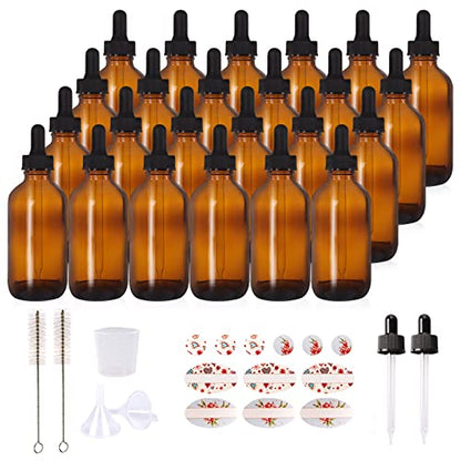24 Pack 4oz Amber Glass Bottles with Glass Eye Droppers for Essential Oils, Perfumes & Lab Chemicals (Brushes, Funnels, Extra Droppers, Labels & Measuring Cup Included) - color: Amber