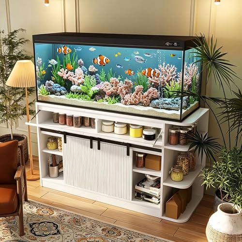 75 Gallon Fish Tank Stand with RGB LED & 6-Outlet Charging Station, 55-75 Gallon Aquarium Cabinet with Sliding Doors, 1200 lbs Capacity, White - color: White, size: 55.1"L x 19.6"W x 32.2"H