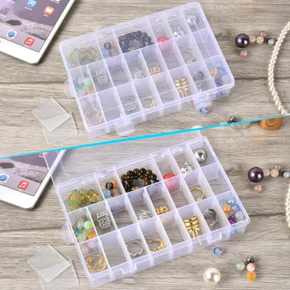 2 Pack 24 Grids Plastic Storage Box Clear Organizing Containers with Adjustable Dividers for Beads, Crafts, Art DIY, Jewelry, Screws, Pins, Thread, Fishing Gear, Small Items