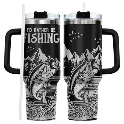 Fishing 40oz Insulated Tumbler With Handle And Straw, Laser Engraved Style Stainless Steel Travel Mug, Funny Fisherman Gift For Men, Dad, Fathers Day