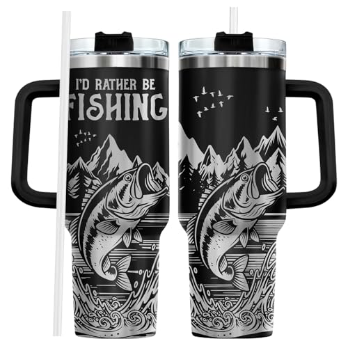 Fishing 40oz Insulated Tumbler With Handle And Straw, Laser Engraved Style Stainless Steel Travel Mug, Funny Fisherman Gift For Men, Dad, Fathers Day