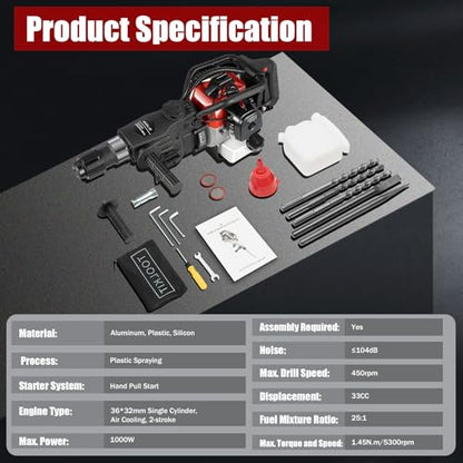 33CC 2 Stroke Gas Powered Demolition Jack Hammer, 3-in-1 Gasoline Hammer Drilling Machine Breaker Punch Drill Chisels Heavy Duty Gasoline Concrete Breaker Rock Drill for Crushing, Chiseling