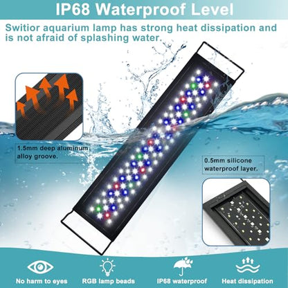 24/7 LED Aquarium Light, IP68 Waterproof Extendable Bracket Fish Tank Light with Timer, 7 Colors, 10 Level Adjustable Brightness, DIY Mode Full Spectrum Aquarium Plant Light for 48-54 Inch Fish Tank - size: 48"-54"