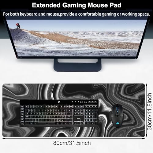 Black and White Marble Desk Mat,Large Marble Ink Texture Gaming Keyboard Mouse Pad,Non-Slip Rubber Base Desk Pad Thick Stitched Edges Waterproof Mousepad Mouse Mat 31.5"x11.8" - color: Black and White Marble